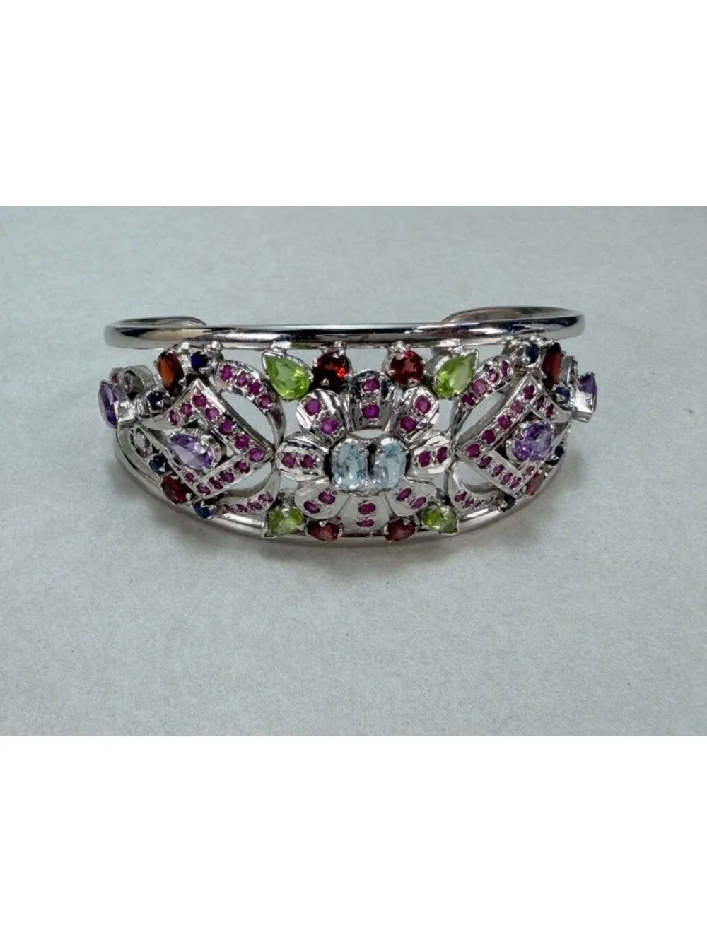 Vintage Rhodium Plated Multi Gemstone Floral Cuff Bracelet Open Bangle Statement